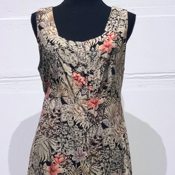 Brown and coral cool toned floral button down adjustable waist long dress - Picture 14 of 14